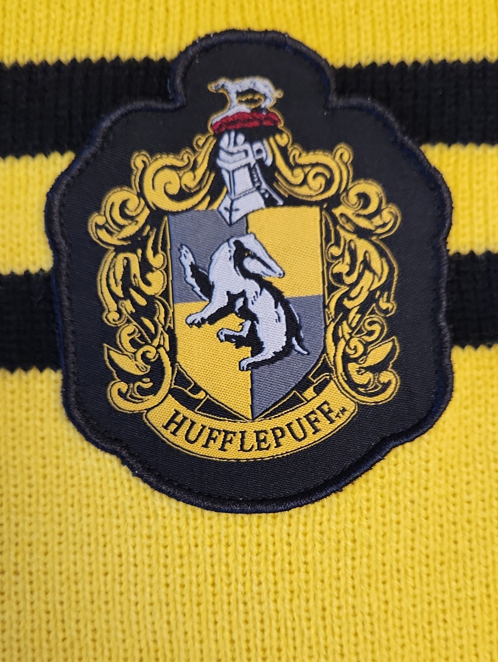 Harry Potter HUF Yellow and Black Striped Knit Scarf with Hufflepuff Crest Patch